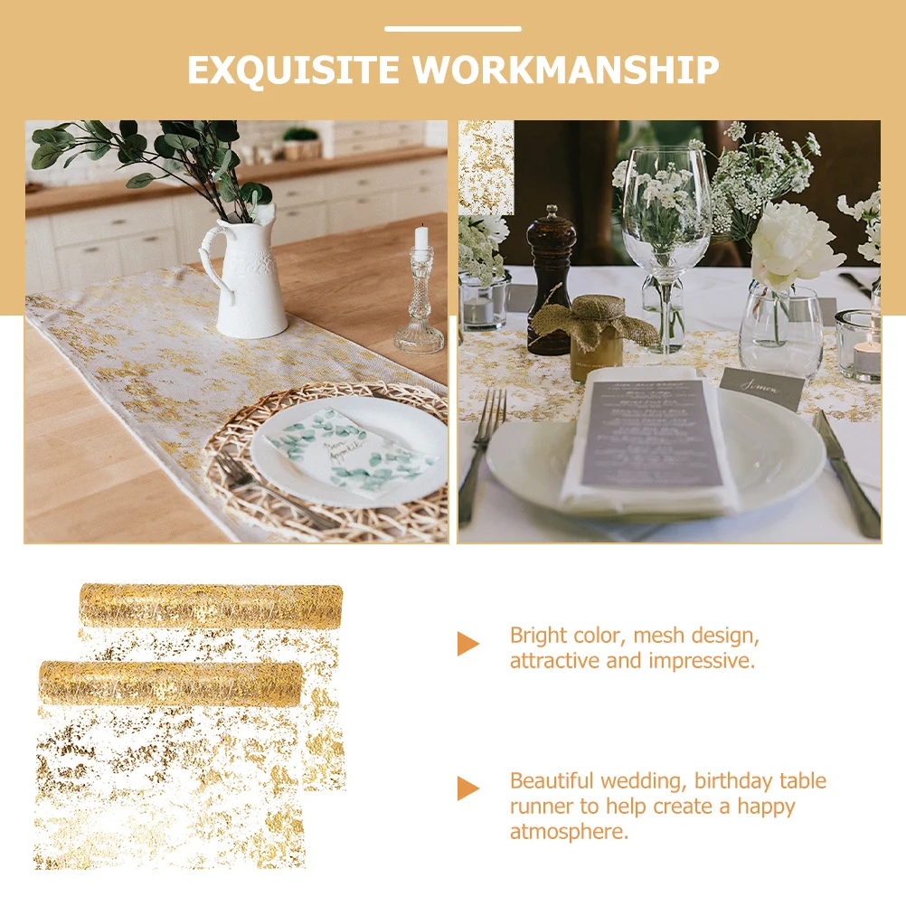 

2Pcs Wedding Party Table Runner Bright Color Mesh Design Golden Cloth Table Runner Wedding Tabletop Cloth Festive Tablecloth