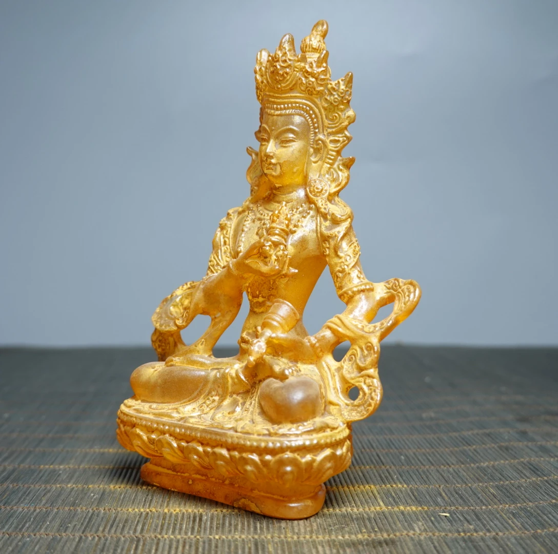 Ancient Colored Glaze Golden Liuli Crystal Green Tara Buddha Statue Ornament Feng Shui Home Decoration Accessories Living Room