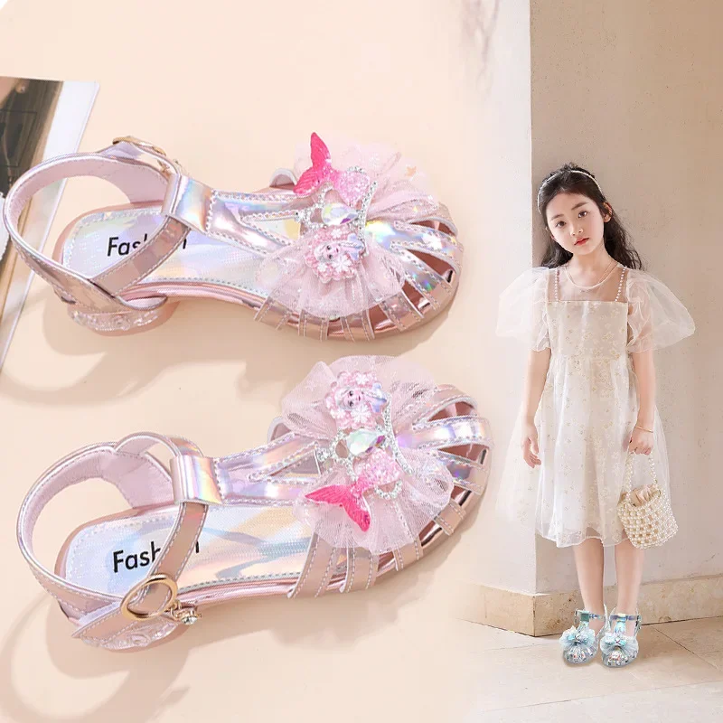 2024 New Summer Crown Soft Sole Closed Toe Summer Bow Sandals Girls' Shoes Children's Princess Shoes