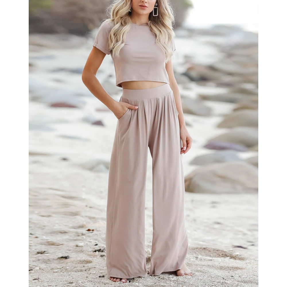 Women Solid O-Neck Short Sleeve Top & High Waist Ruched Pants Set Casual Femme Fashion Two-Piece Set Woman Outfits Clothes