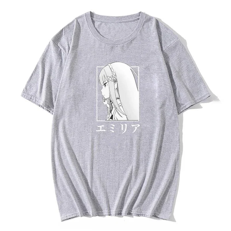 Men Kawaii Clothes summer Cotton T-shirt Summer Vintage Anime Aesthetic Streetwear Tops Re:ZERO Emilia Print Oversized T Shirts