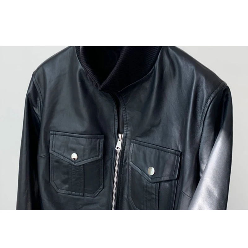 2025 Fall New Sheepskin Moto & Biker Short Jackets Casual Stand Collar Elastic Waist Female Black Slim Real Leather Jackets Coat