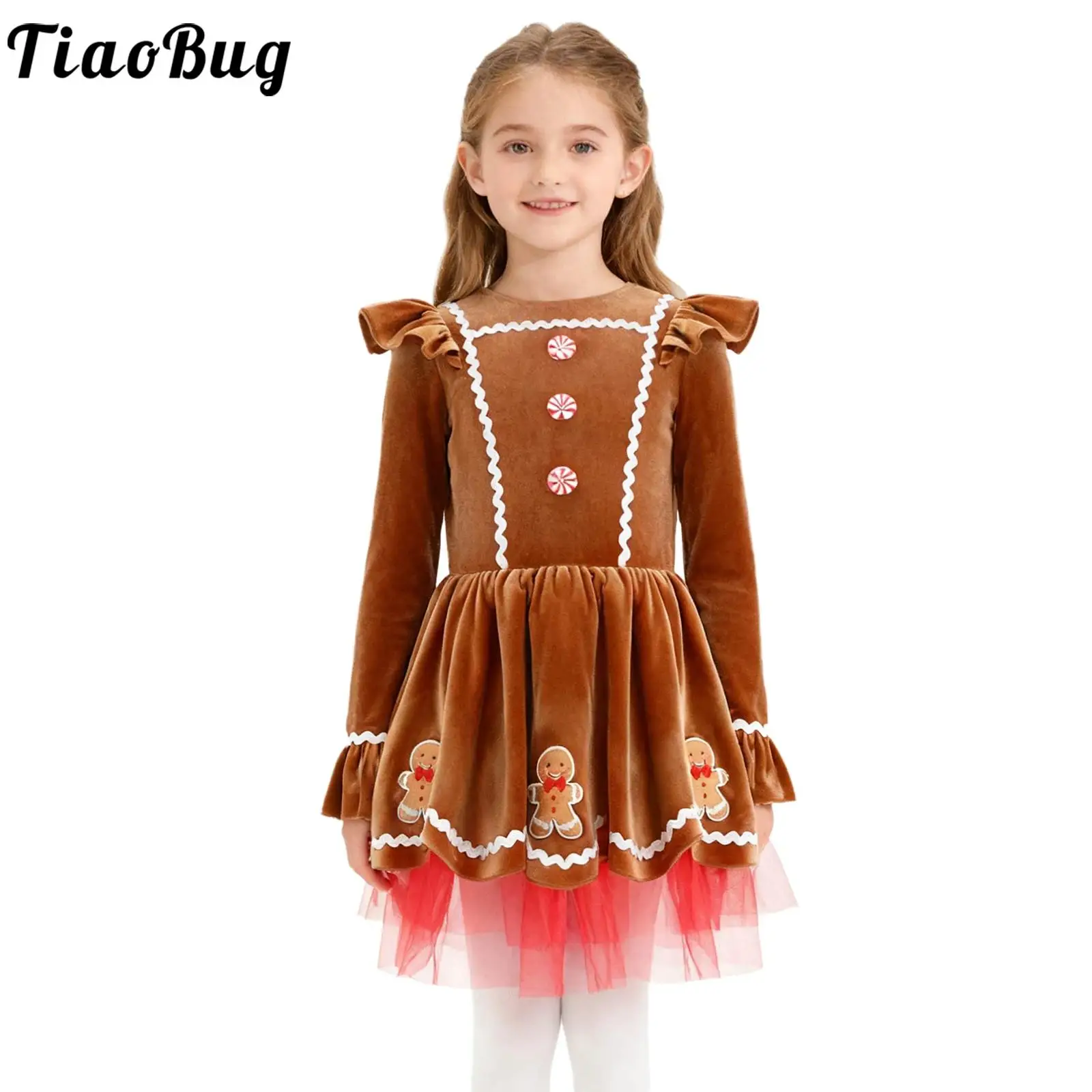 

Girls Christmas Gingerbread Man Costume Tutu Ballet Dance Dress Figure Skating Dancewear Long Sleeve Built-In Briefs Tutu Dress