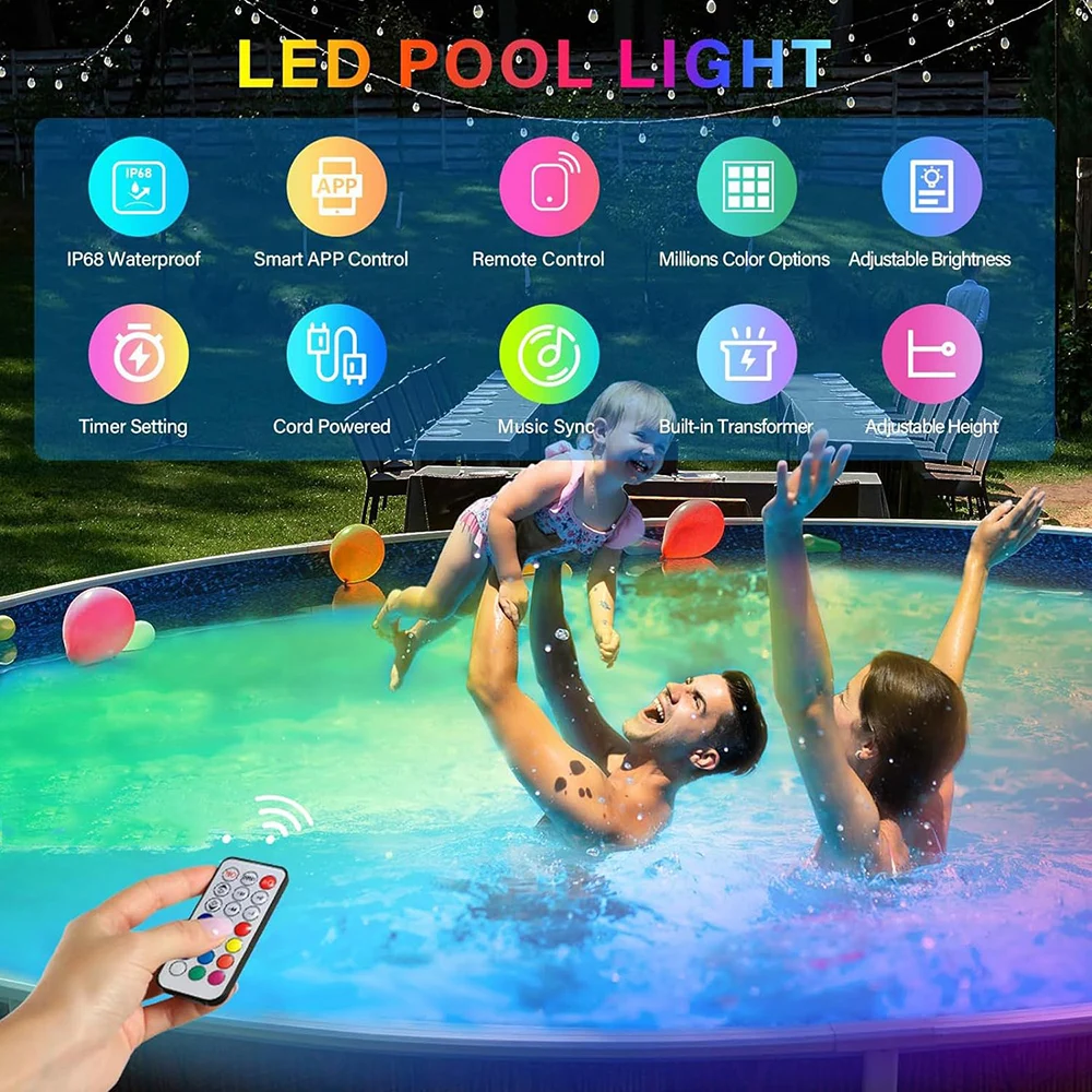 إضاءة المسبح تحت الماء مع جهاز تحكم عن بعد ذكي ، تعليق متغير الألوان بألوان الضوء RGB ، مصباح أمامي لحمام السباحة ، مصباح مقاوم للماء ، 20 واط