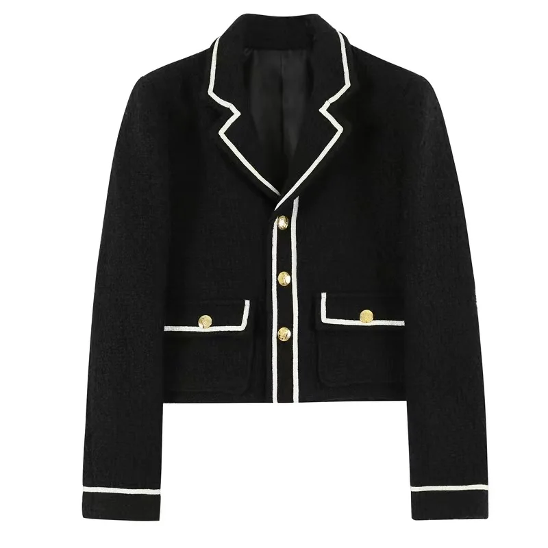 British Spring Women Jacket Lapel Single Breasted Big Pocket Tween Jackets Gold Button Elegant Clothes Black Edges Tops Short