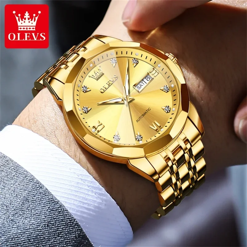 OLEVS 9982 reloj mecánico clásico superior para hombre, espejo rombo, calendario Dual, reloj de pulsera de lujo, relojes luminosos resistentes al agua