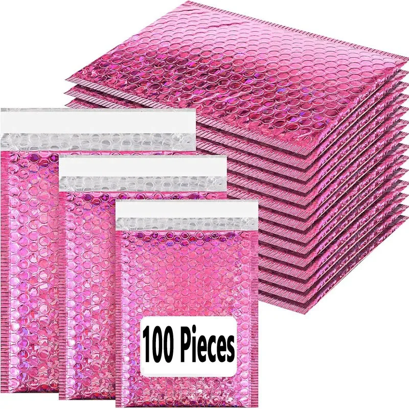 100 Pieces Rose red Holographic Bubble Mailer Laser Mailing Envelope Waterproof Courier Bag Padded Bubble Envelopes