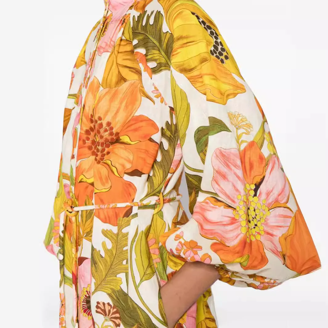 Sukienki maxi z kwiatowym nadrukiem, bufiastymi rękawami, eleganckie, z dekoltem typu O, sznurowane, sukienki na wakacje, plażę, imprezę.