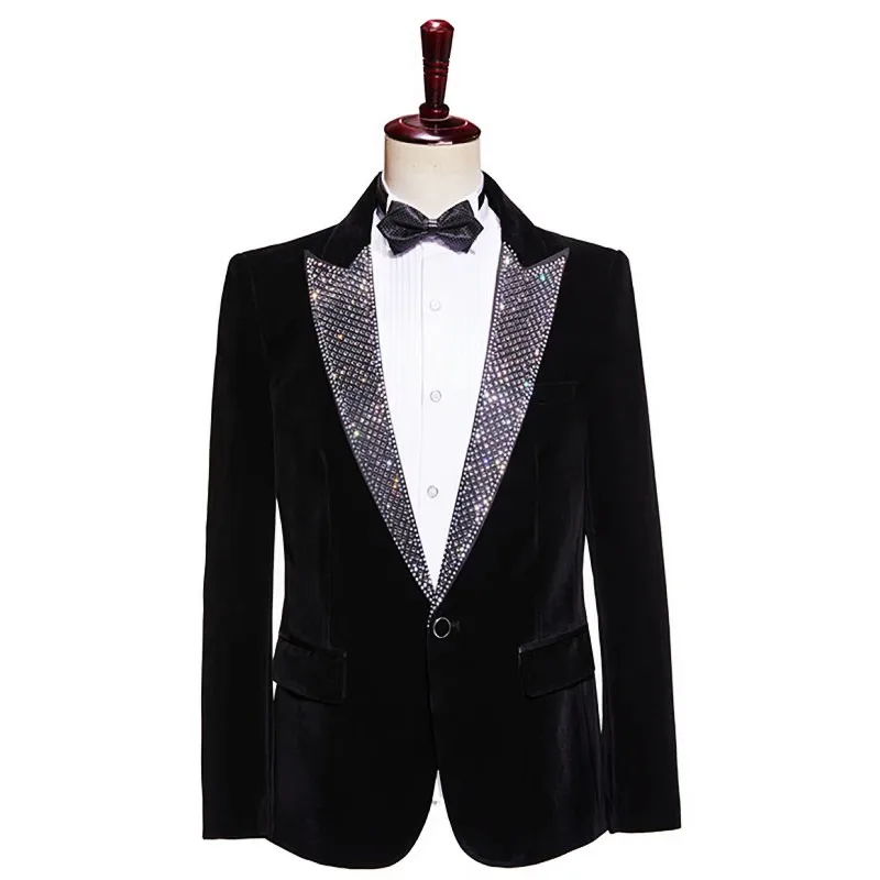 Men's Rhinestone Collar Velvet Suit Jacket Stylish Wedding Banquet Slim Blazers Male Singer Host Stage Evening Celebrate Tuxedo