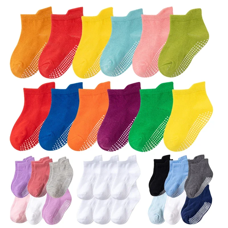 6 Pairs/lot 0 to 6 Yrs Cotton Children's Anti-slip Boat Socks For Boys Girl Low Cut Floor Kid Sock With Rubber Grips Four Season