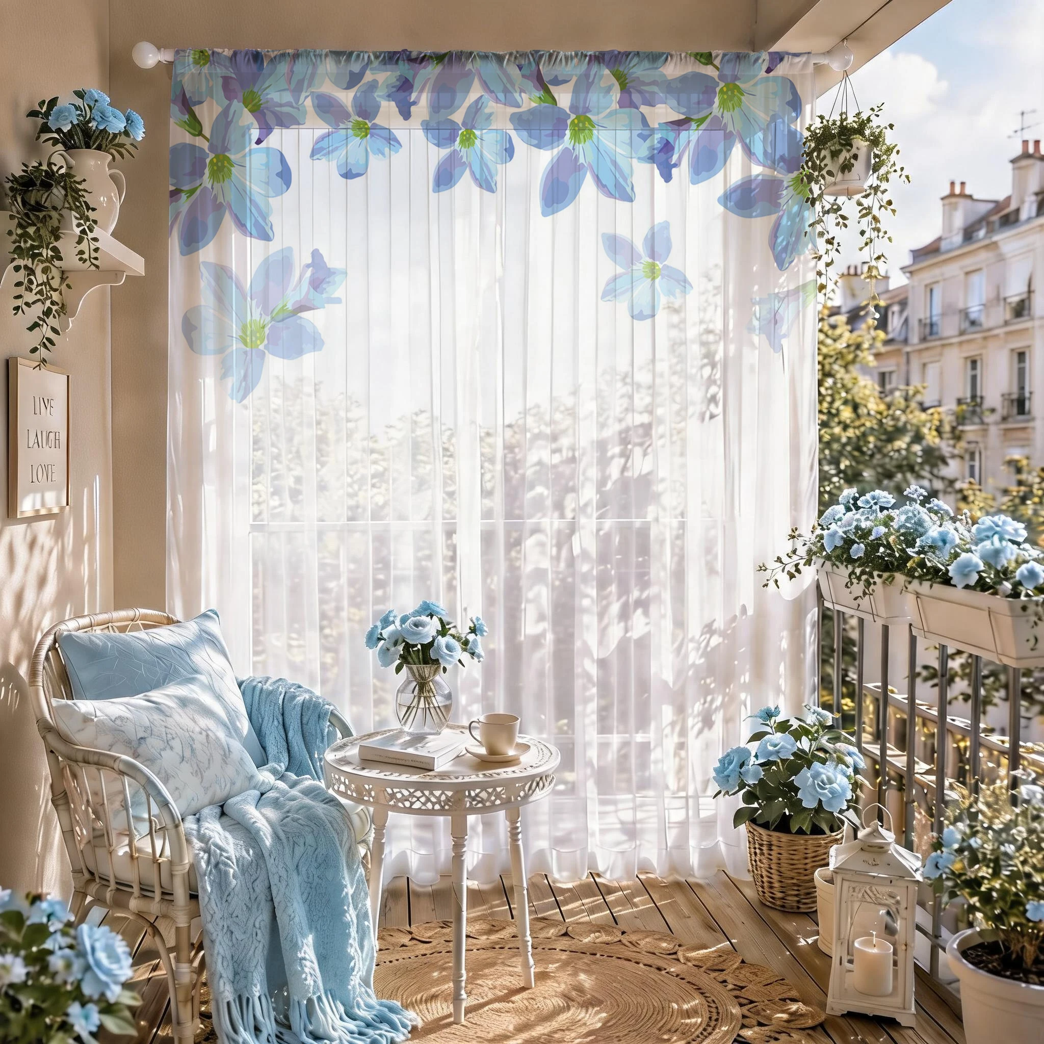 Blue Floral Gradient Sheer Curtain, Good Quality Light Reducing Luxurious Privacy Voile for Living/Bedroom/Kids Room, Gift - view 3