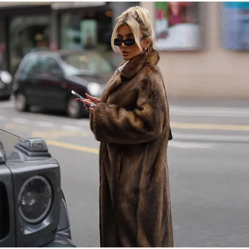 Brown Faux Fur Long Overcoat Long Sleeve Thick Coat Single Breasted Casual Long Overcoat 2024 Autumn High Street Lady Outerwear