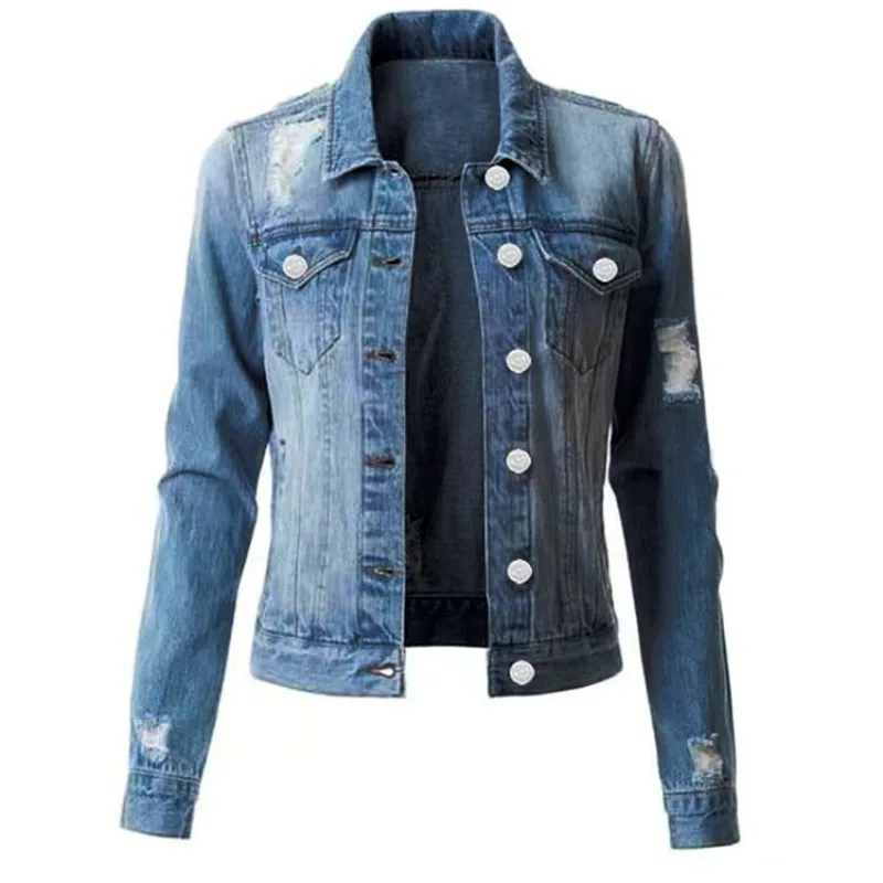 2023 Autumn New Women's Broken Hole Denim Shirt Long Sleeve Square Neck Fashion Slim Fit Top Women's Denim Coat