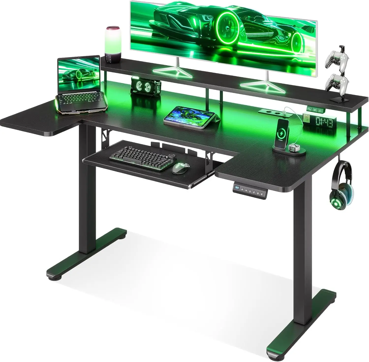 OffiGo U-förmiges Höhenverstellbarer Schreibtisch, Elektrischer Steh-Sitz Tisch mit Monitorständer, Steckdosen & USB-Ladeanschluss, Standing Desk mit LED, Gaming & Office Computertisch,  140