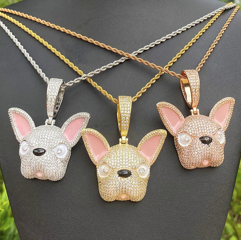 Hip Hop 5A+ CZ Stone Paved Bling Ice Out Dog Pendants Necklaces for Men Rapper Jewelry Rose Gold Silver Color