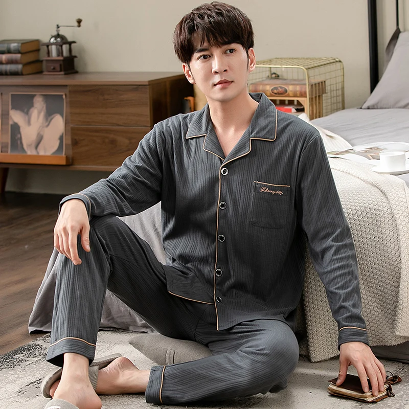 Long Pants + Long Sleeve Tops Pajama Sets Men Spring Modal Pajamas Home Suit Mens Sleepwear Loose Button Cardigan Nightwear 4XL