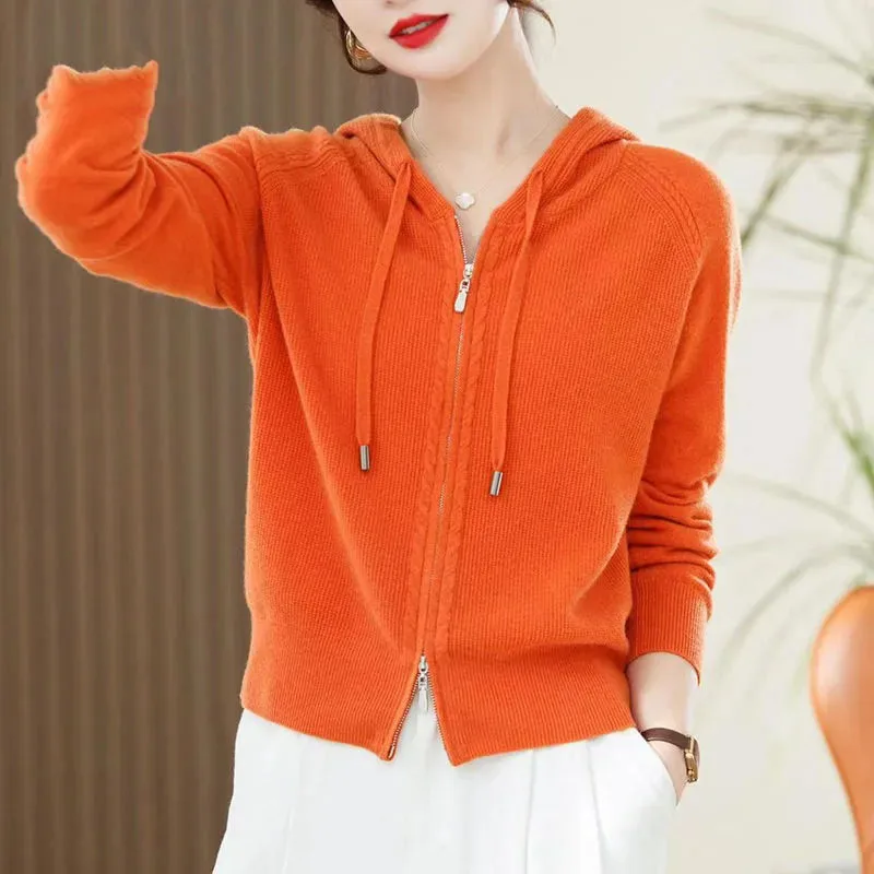 Spring Autumn Female Knitting Cardigan Jacket Lady Half Zipper Sweater Outerwear Korean Women New Solid Color Hooded Hoodie Coat