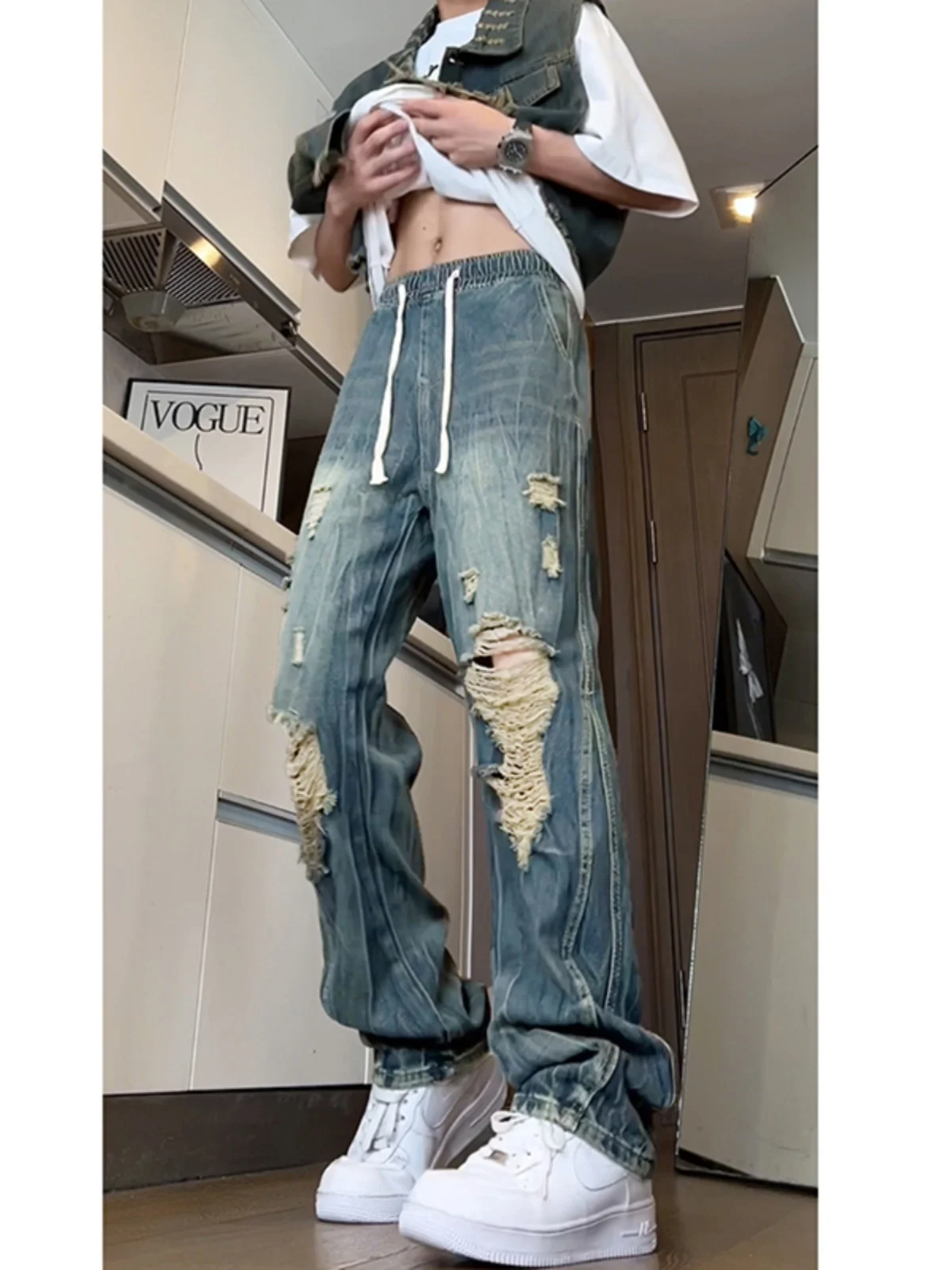 

Мужские джинсы с прямыми штанинами, зауженные, летние, тонкие, из смесового хлопка и полиэстера, износостойкие, с эффектом потертости, винтажный американский стиль