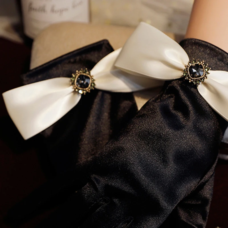 Korean Solid Color Satin Black Bow Rhinestones Studio Photo Wedding Dress Gloves Women Summer Driving Sunscreen Gloves S95