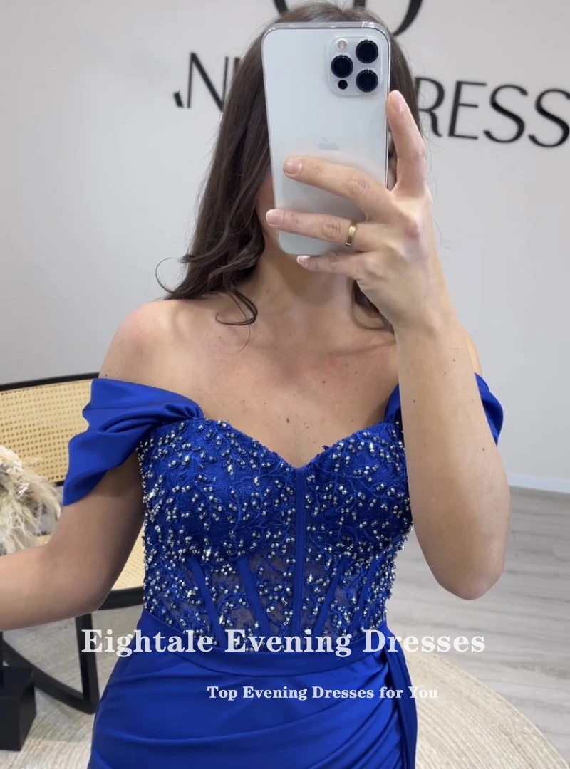 Eightale Royal Blue Evening dress for women Customized Off Shoulder Beaded Satin Prom Party Gown Wedding sukienki na studniówkę