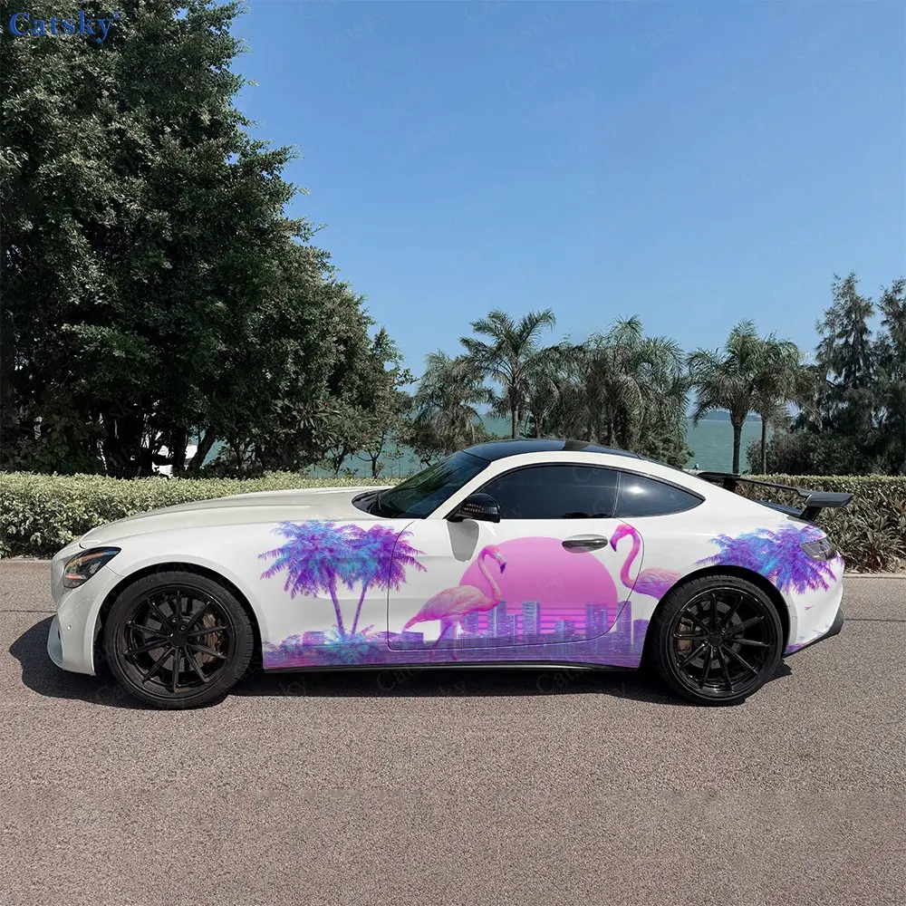 2pcs Urban Building Group Flamingo Car Side Wraps, Self-Adhesive PVC Waterproof & Scratch-Resistant Stickers, Car Accessory Gift