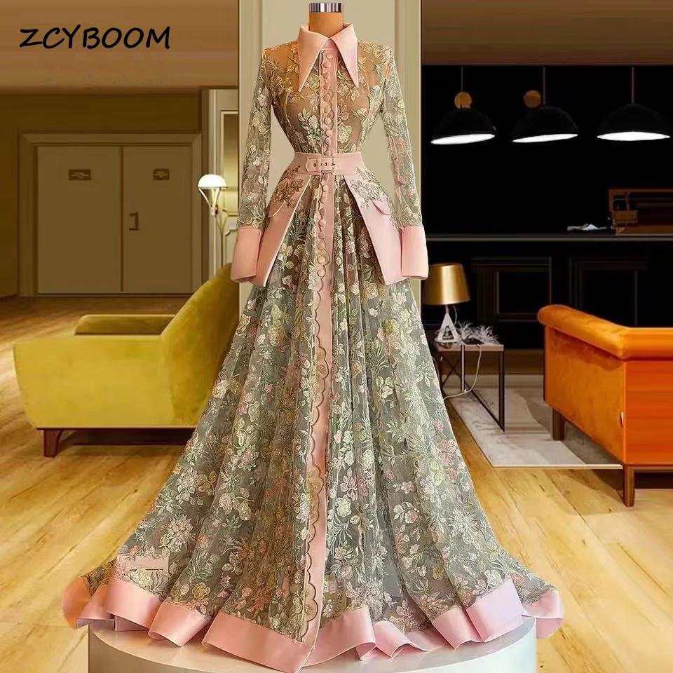 

Exquisite Flower Appliques Long Sleeves Formal Evening Dress 2025 Dubai Ababic A-Line Pink Women Party Prom Gown Robe De Soirée