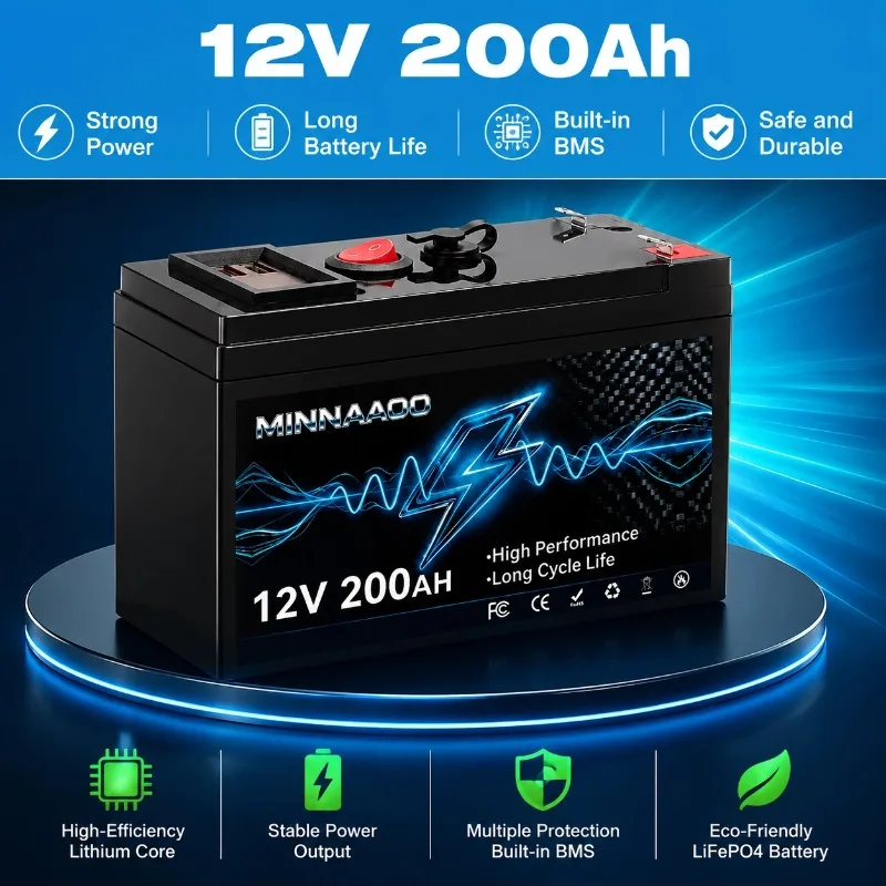 LED Lighting, 18650 with Charger Built-In BMS 4000+ Deep Cycle Release 12V 200Ah Lithium-Ion Battery for RV Power Supply