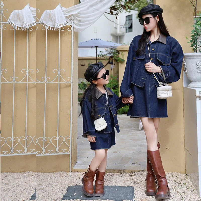 

Mom and Baby Girls Matching Denim Clothes Sets Mother Daughter Suit Fashion Korean Mummy and Me Jacket Skirts Two Piece Outfits