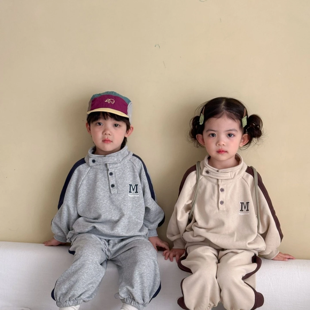 Toddlers Matching Set Letter Print Baby Boys Girls Stand Collar Full Sleeve Tracksuit Children's Pullover Trousers 2 Pieces Suit