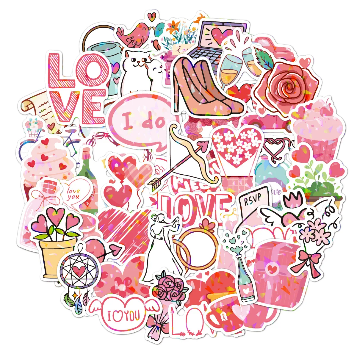 50pcs Shiny Love Stickers Pink Valentine\'s Day Sticker Laser Waterproof Stationery Scrapbook Label Diary Journal Gift Decoration