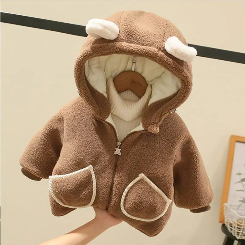 2026 Autumn Winter New Girls Jacket Solid Color Lining Plush Thick Warm Hooded Coats For 1-5 Years Kids Cashmere Outwear