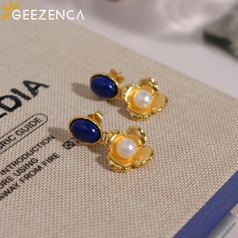 GEEZENCA Lapis Lazuli Freshwater Pearl 925 Silver 18K Gold Flower Dangle Earrings For Women Blue Stone Luxury Earrings 2024 Gift