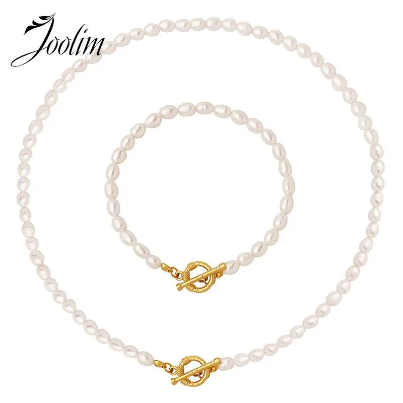 Joolim Jewelry High End PVD Wholesale Waterproof Elegant Baroque Freshwater Pearl Toggle Stainless Steel Necklace for Women