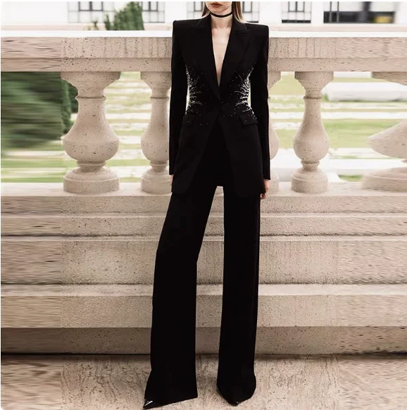 

2026 Women's Coat Personality Metal Hole Rope Slim Slit One Button Suit pants set
