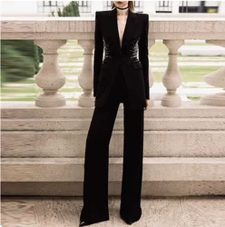 2026 Women's Coat Personality Metal Hole Rope Slim Slit One Button Suit pants set