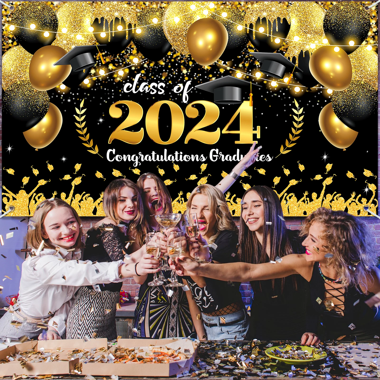 Class 2024 for Congrats Grad Banner Backdrop Decor Set for Graduation Party Supplies Black and Gold Graduation Banner.