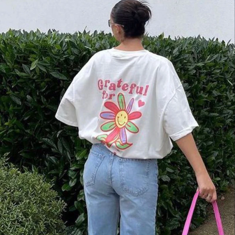 Grateful Back Print Retro Inspirational Tshirt Women Oversized Cute Vacation Graphic T-shirt Trendy Fashion Vsco Aesthetic Tops