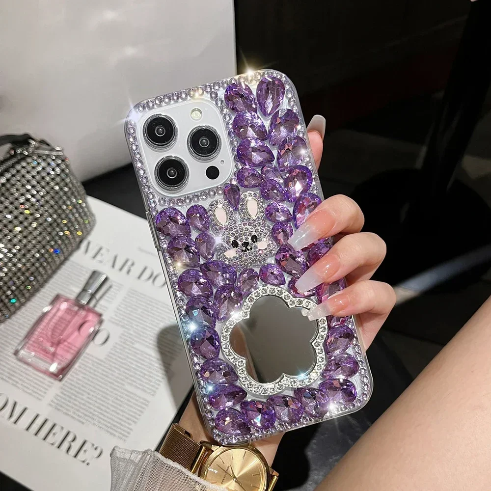 Bling Rhinestone Rabbit Mirror Case For Huawei P50 P60 Pro Mate 50 60 & Honor 80 90 100 Pro Full Crystal Diamond Cover