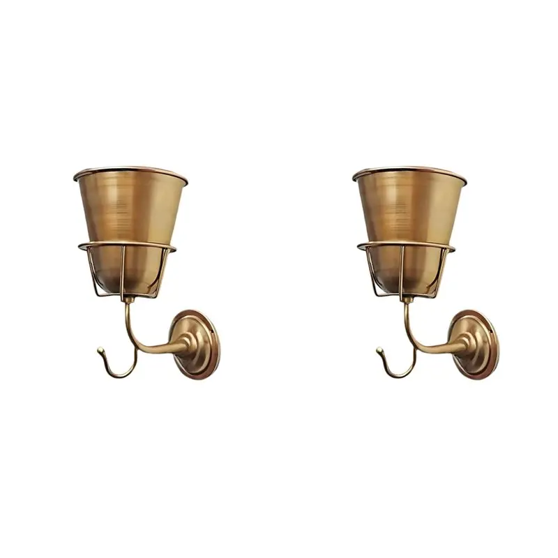 2x-壁花瓶、多用途フック付きアイアンウォールプランター-屋内-屋外プラントホルダー-銅色