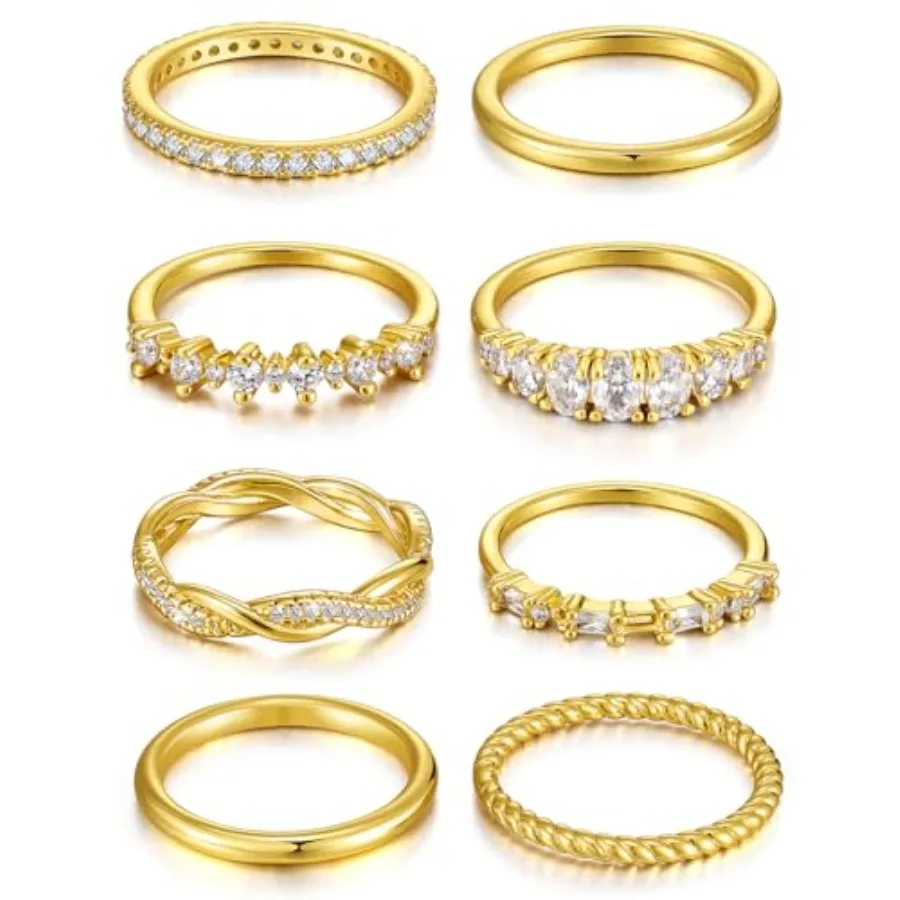 

8 Pcs 14K Gold Plated Stackable Rings Set for Women, Dainty Sparkling Cubic Zirconia Statement Rings, Non Tarnish Engagement We