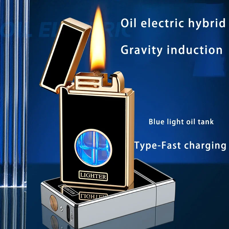 Metal Intelligent Gravity Induction Ignition Kerosene Lighter Oil Electric Hybrid Large Capacity Visible Oil Window Lighter