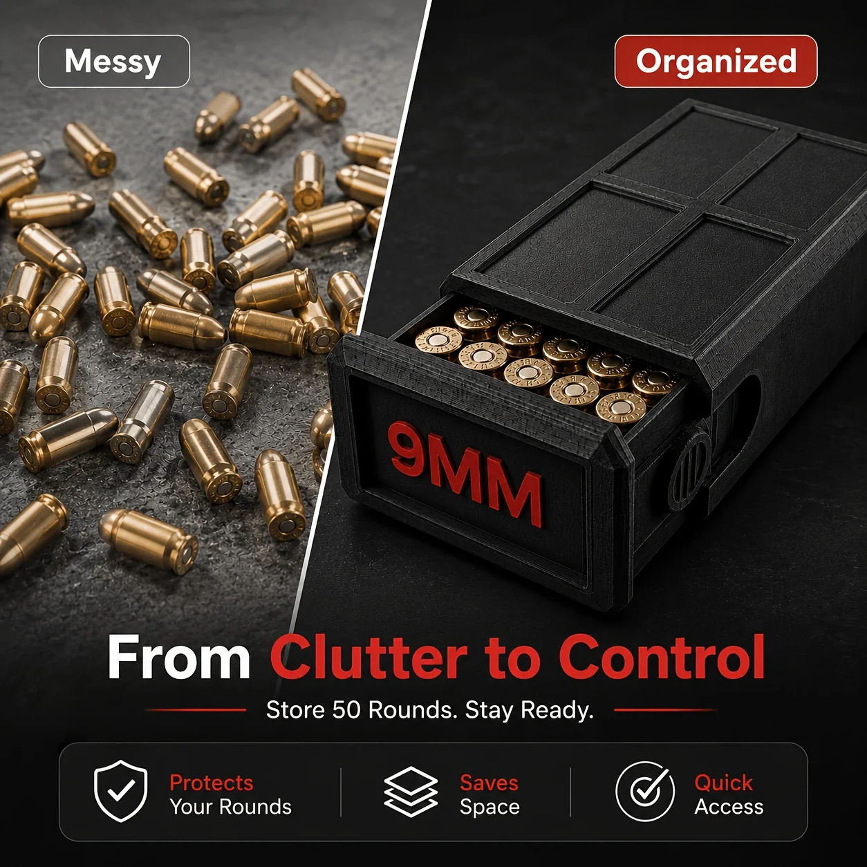 9Mm Retractable Ammo Storage Box 3D Printed Desktop Bullet Organizer Shooting Range Storage Non-Slip Case Outdoor Tactical Gear