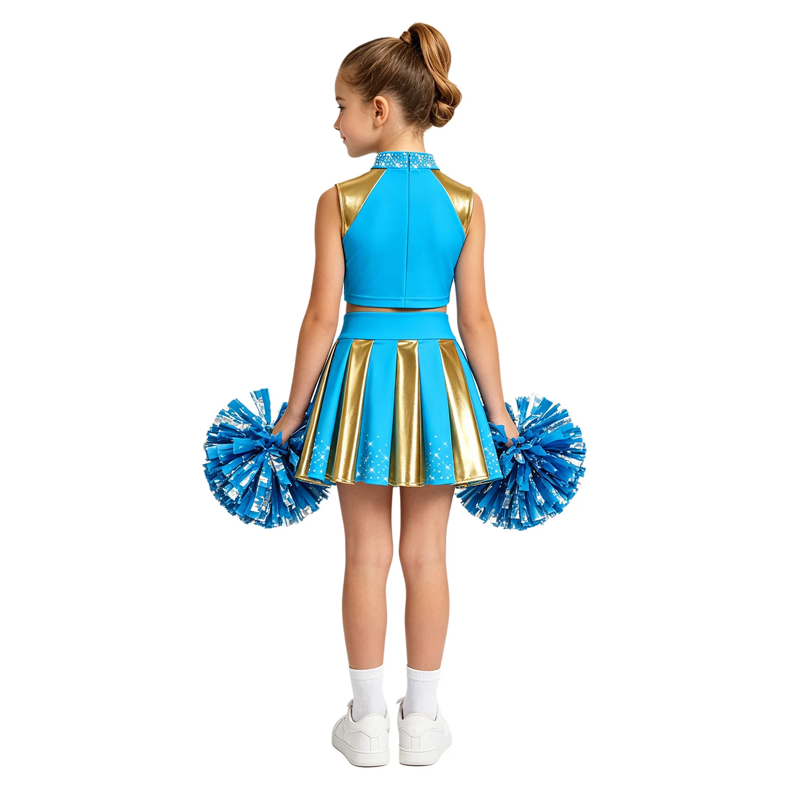 Cheerleader-Kostüm für Mädchen, Cheerleading-Uniform, 2-teiliges Set, ärmelloses Top mit Strasssteinen und „CHEER“-Aufdruck, kurzes Oberteil, plissierter Rock, Tanzoutfit. – Detail 19