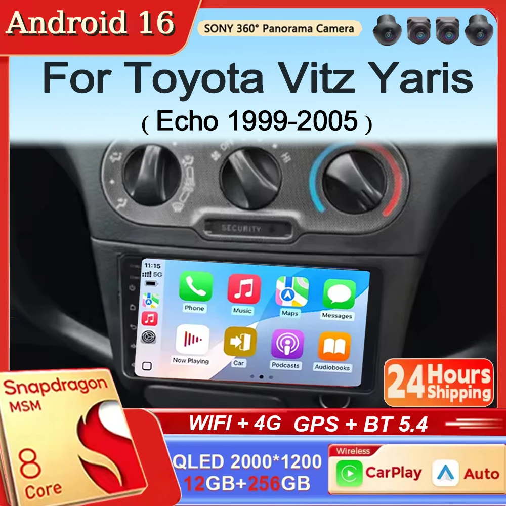 Android 16 CarPlay&Auto For Toyota Vitz Yaris Echo 1999-2005 Car Radio Stereo GPS Navigation Multimedia Player Wireless WIFI BT