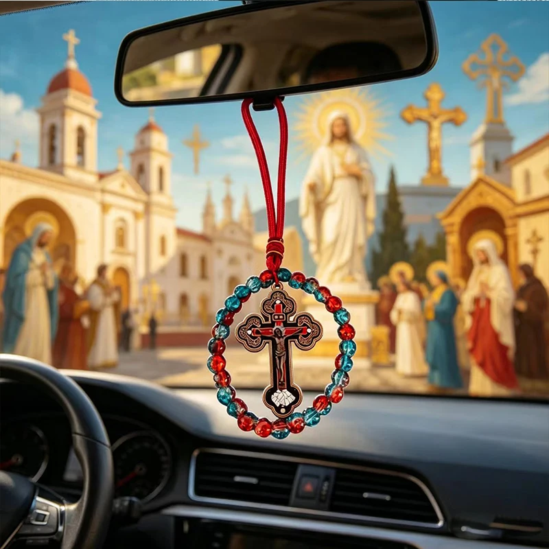 

Handcrafted Orthodox Catholic Car Rosary with Clear Glass Beads Crucifix Pendant for Auto Interior Home Altar Christian Gift Dec