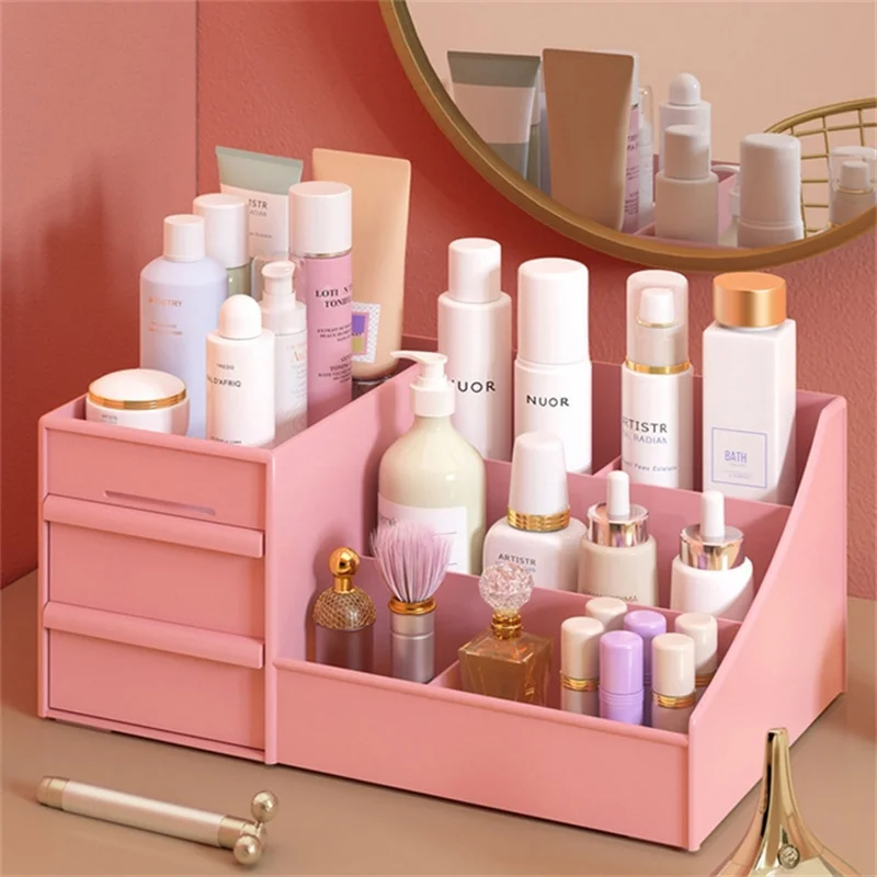 New 1PC Pink Plastic Drawer Makeup Storage Box Dormitory Finishing Shelf Cosmetics Skin Care Dressing Table Desktop Storage Rack