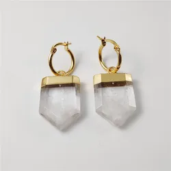 FUWO 1Pair Carved Shield Shape Clear Quartz Earrings,Golden Plated Handmade Natural White Crystal Jewelry ER211
