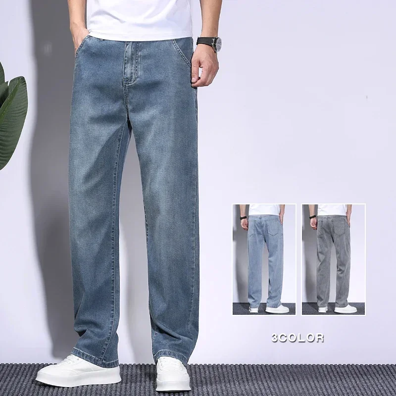 Summer Soft Lyocell Fabric Men's Jeans Thin Loose Straight Pants Drawstring Elastic Waist Korea Casual Trousers Plus Size 28-42