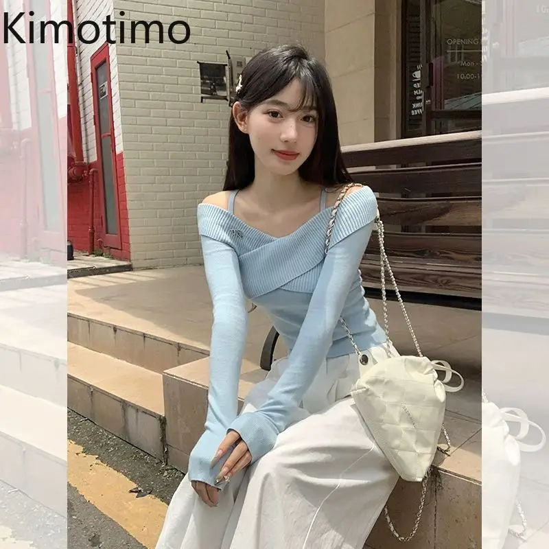 

Kimotimo Blue Off Shoulder Halter Knitted Tops Women Autumn Slim Fit Base Long Sleeve Sweater Temperament Versatile Y2k Pullover