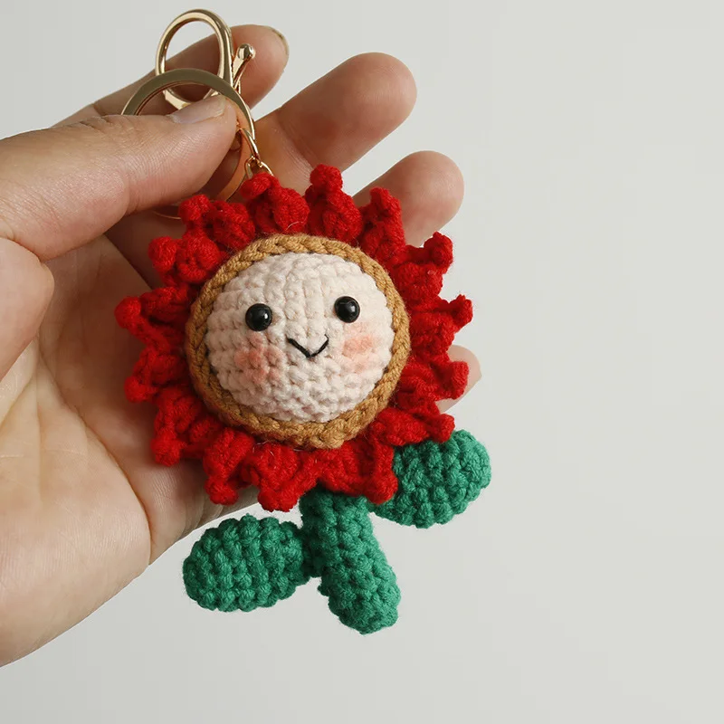 Cute Sunflower Crochet Keychain Handmake Knitted Smile Sunflower Doll Keychain For Bag Pendant Keyring Wholesale Custom Accesory